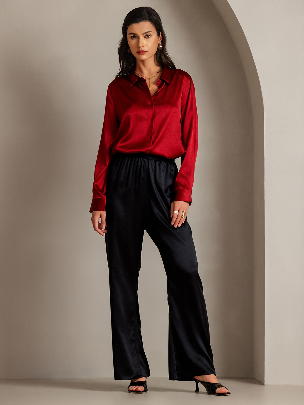 [Red] SilkSilky-CA Silk Long Sleeve Collar Women's Shirt 003