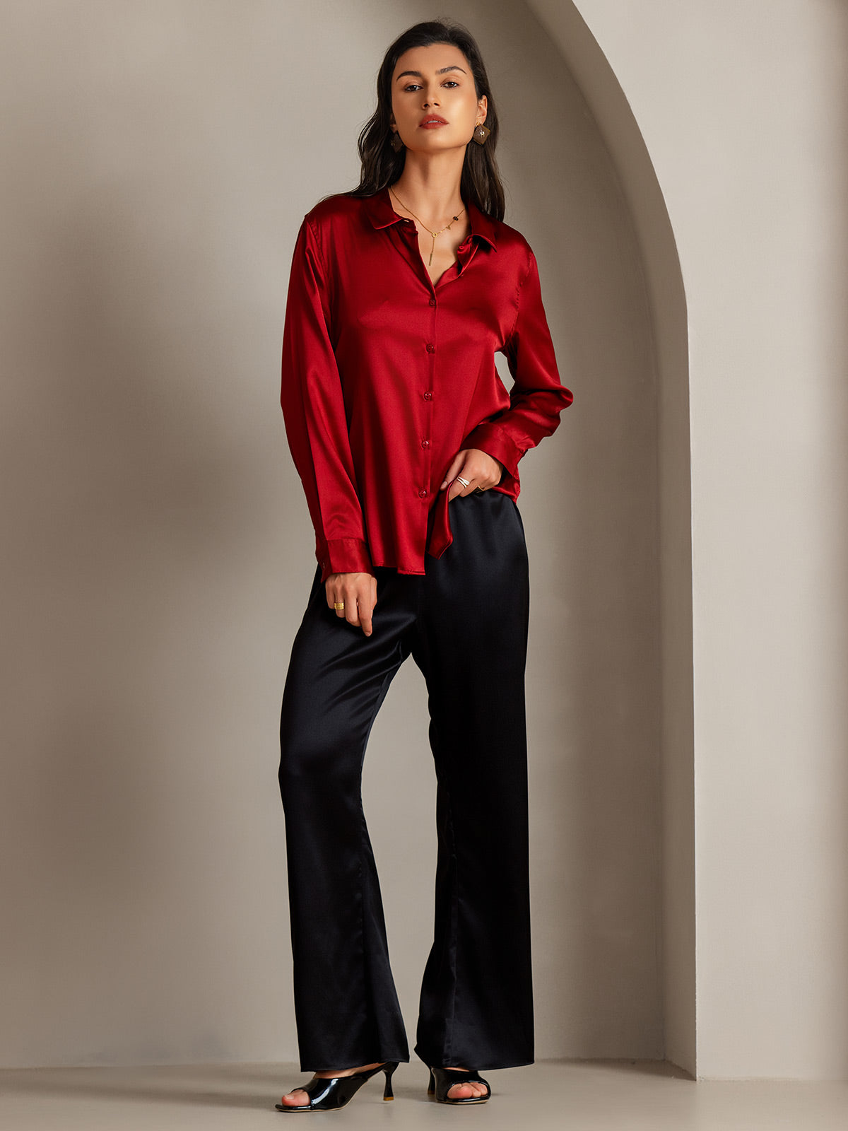 [Red] SilkSilky-CA Silk Long Sleeve Collar Women's Shirt 004