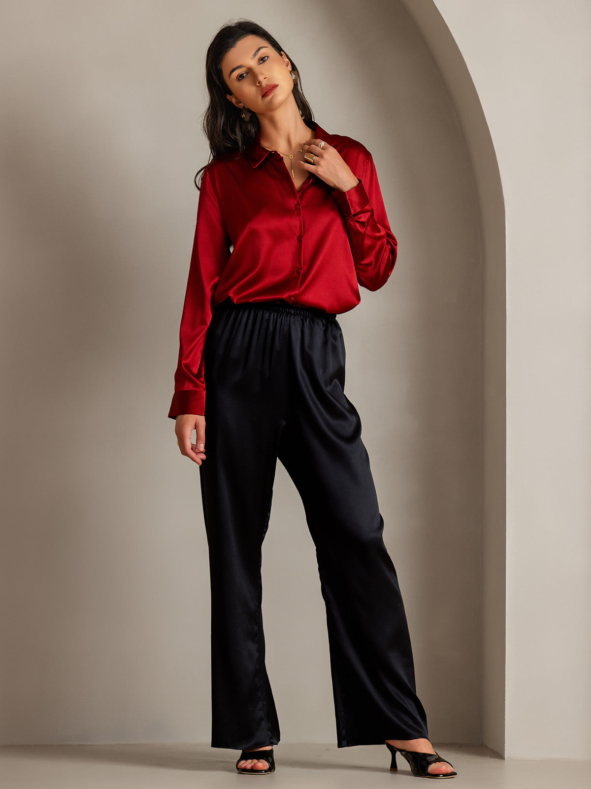 [Red] SilkSilky-CA Silk Long Sleeve Collar Women's Shirt 005