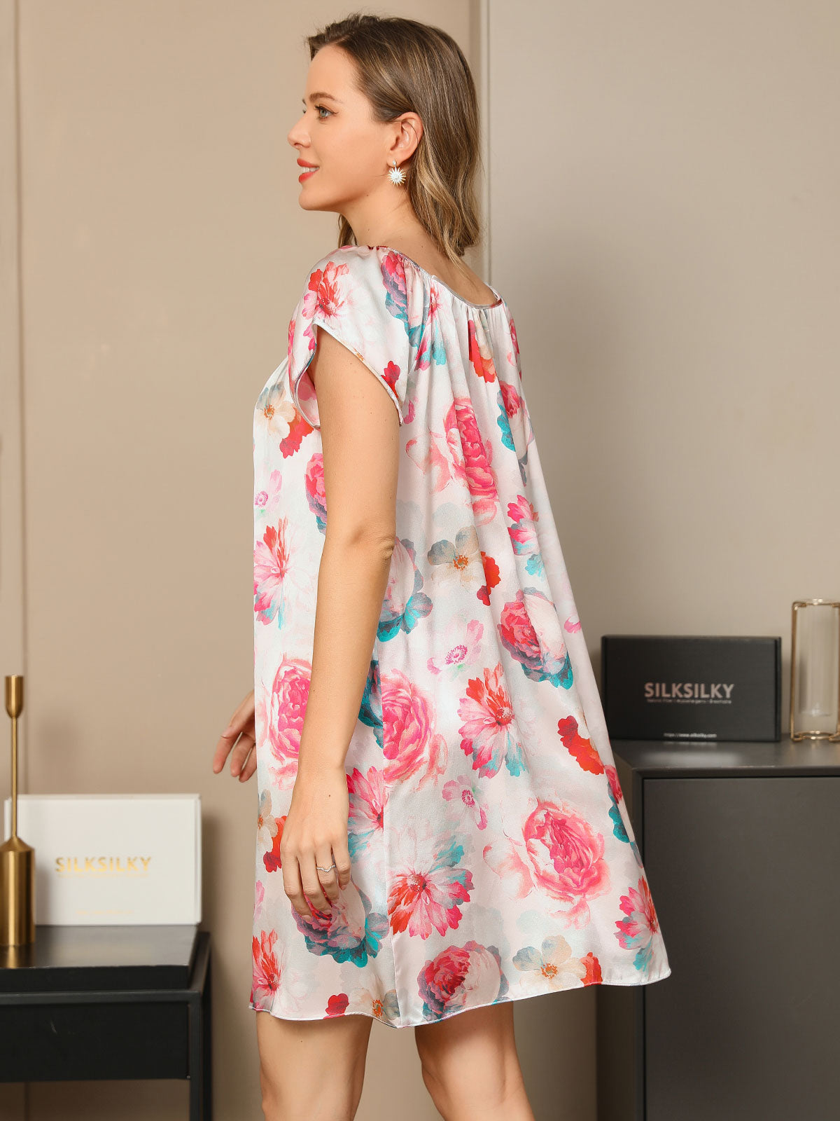 [Rose Red] SilkSilky-CA Pure Silk Cap Sleeve Tie Neck Nightgown 002