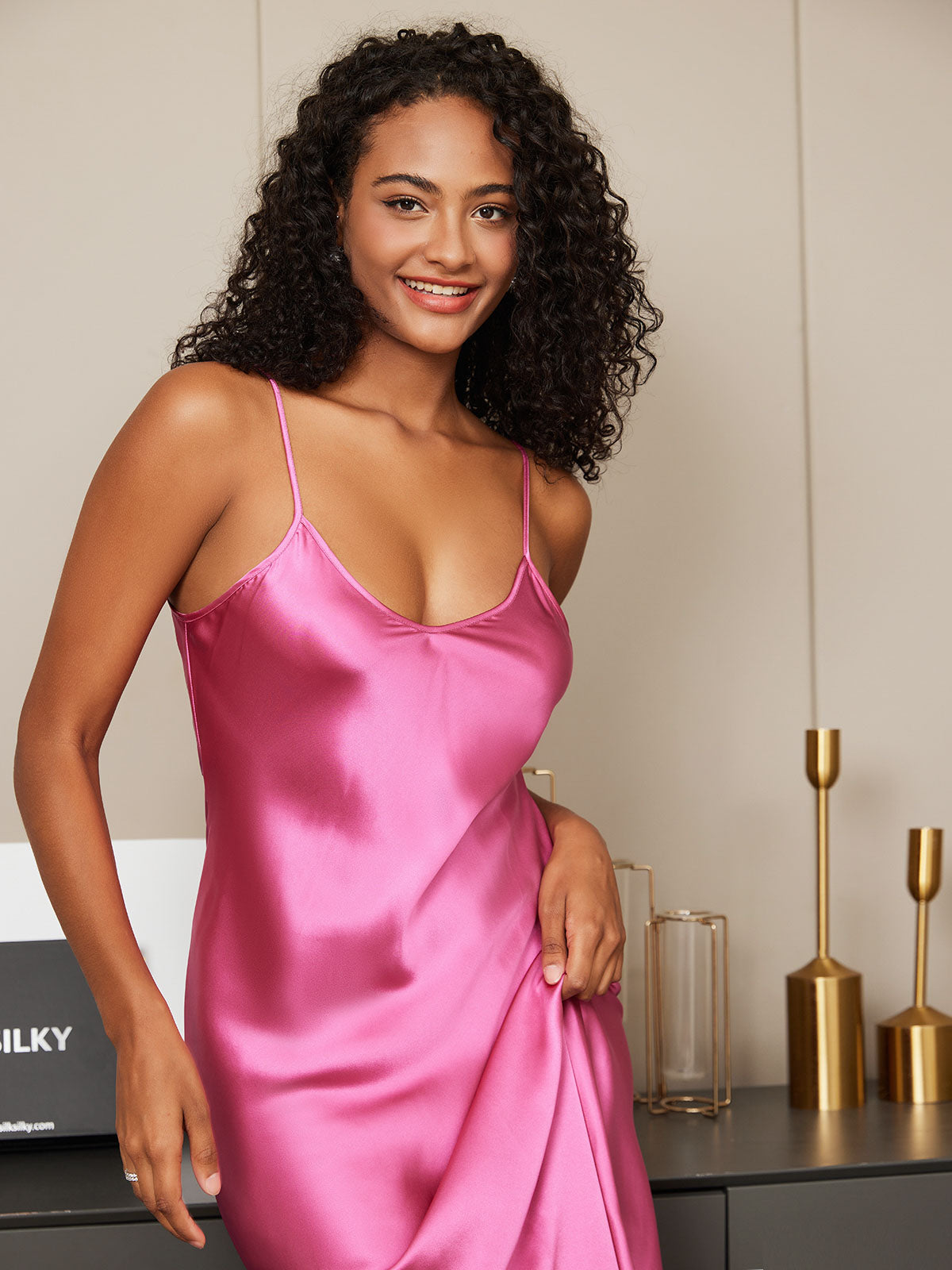 [Rose Red] SilkSilky-CA Pure Silk Sleeveless Round Neck Nightgown 005