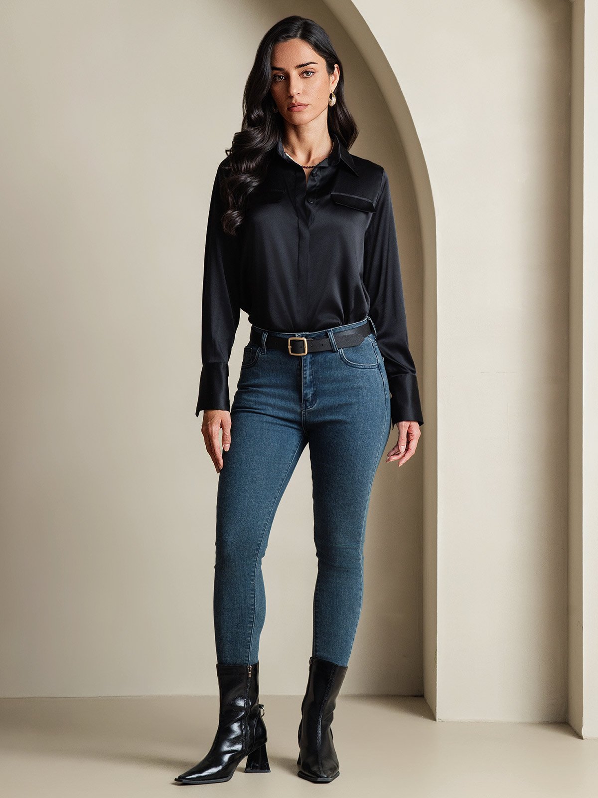SilkSilky-CA 19Momme Silk Long Sleeve Collar Women's Shirt Black 001
