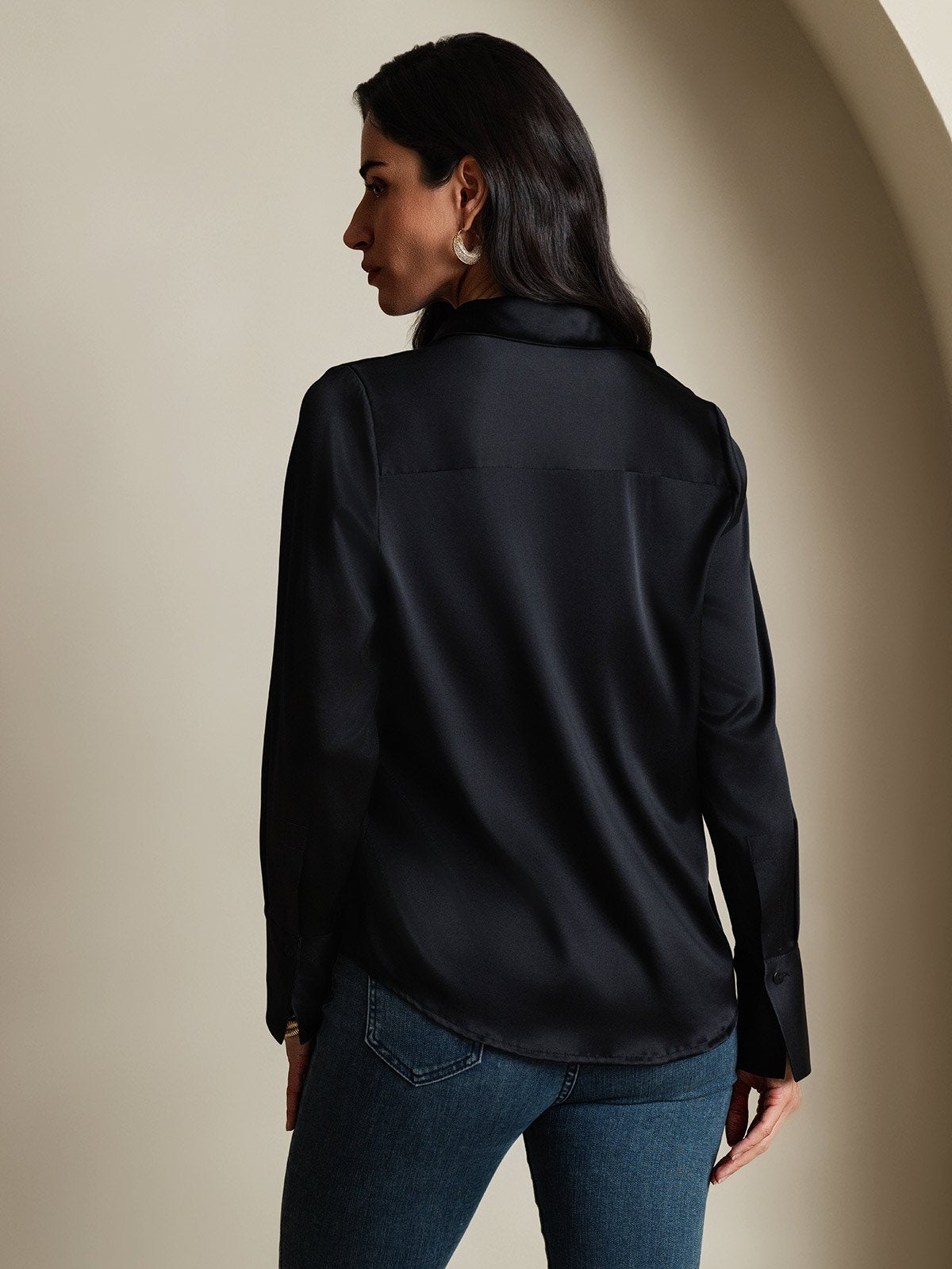 SilkSilky-CA 19Momme Silk Long Sleeve Collar Women's Shirt Black 002