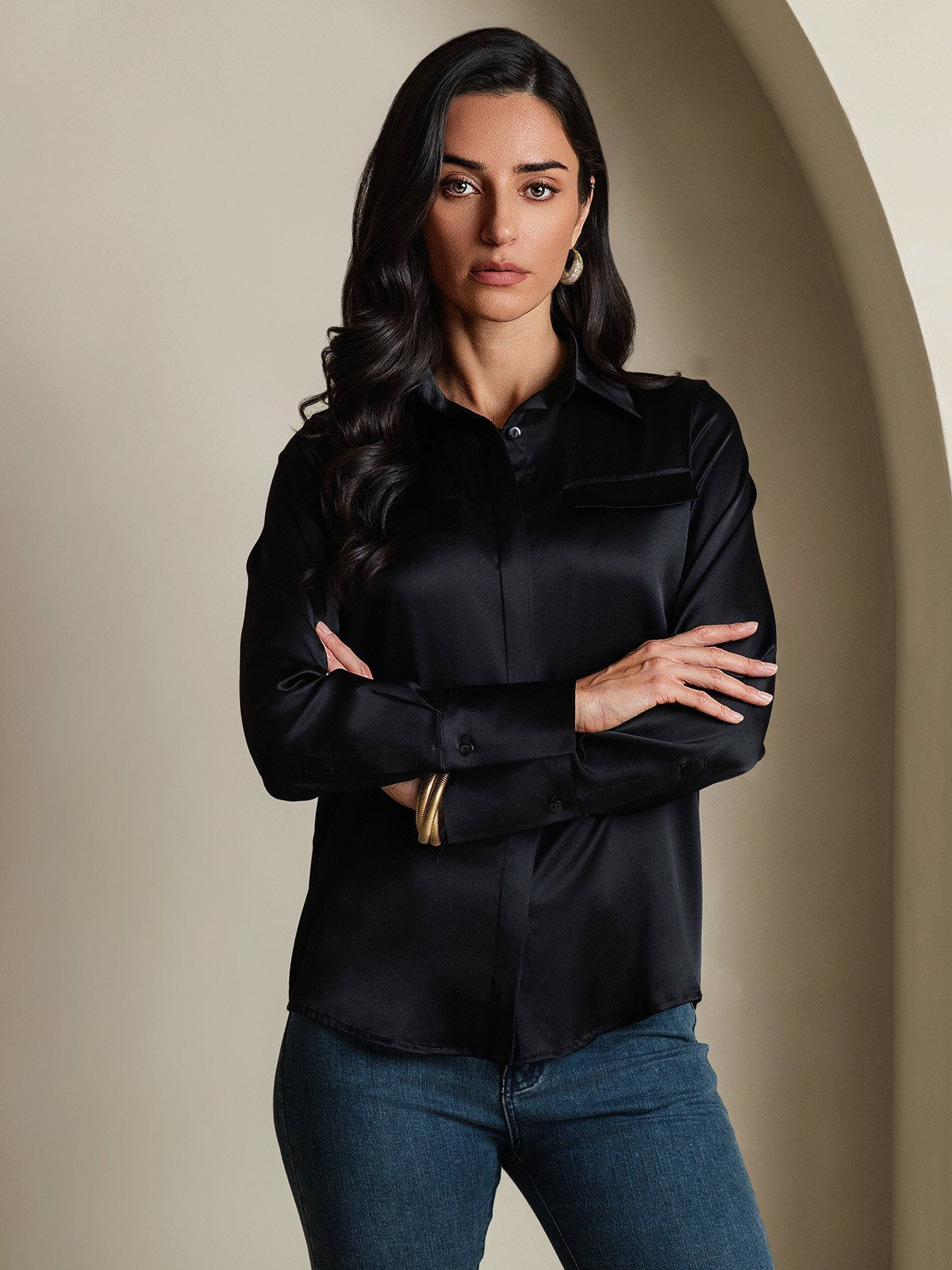 SilkSilky-CA 19Momme Silk Long Sleeve Collar Women's Shirt Black 003