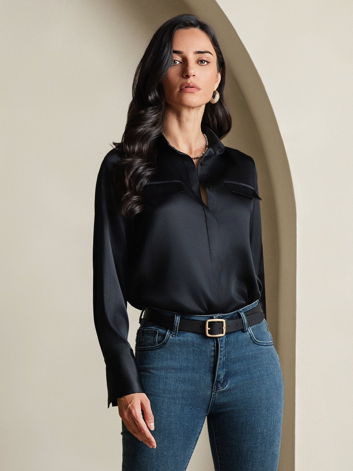 SilkSilky-CA 19Momme Silk Long Sleeve Collar Women's Shirt Black 004