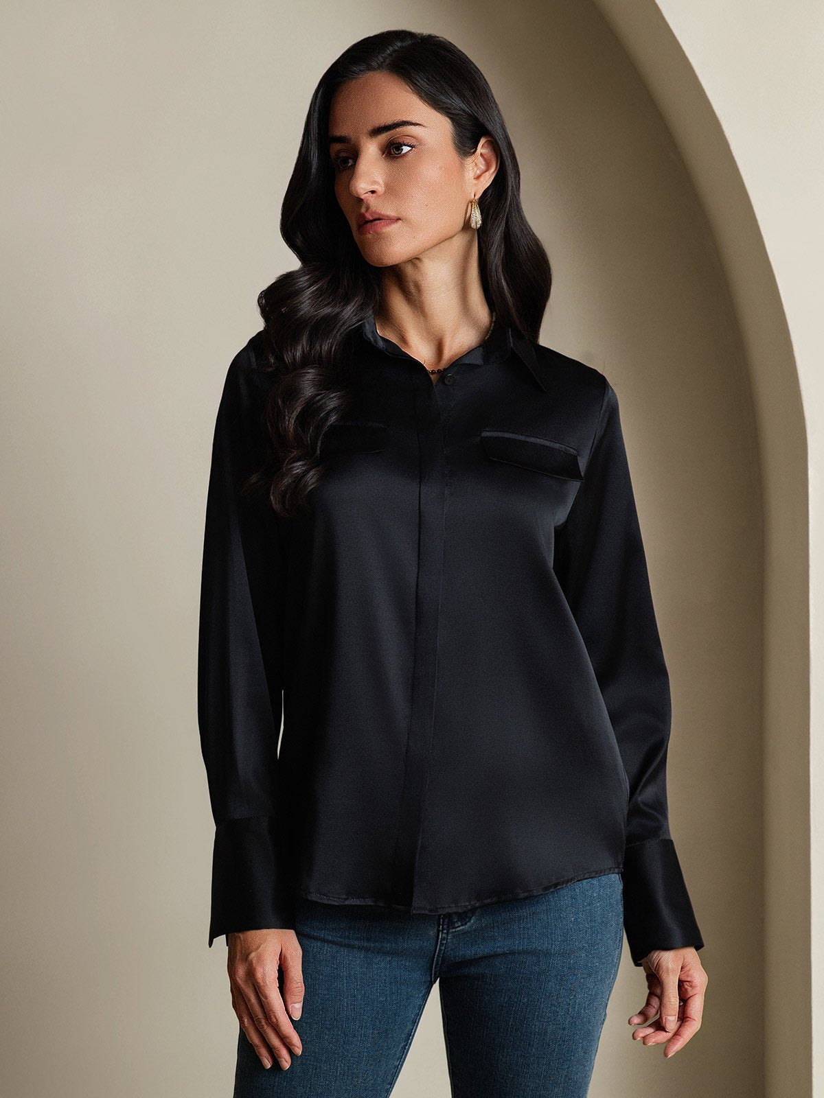 SilkSilky-CA 19Momme Silk Long Sleeve Collar Women's Shirt Black 005