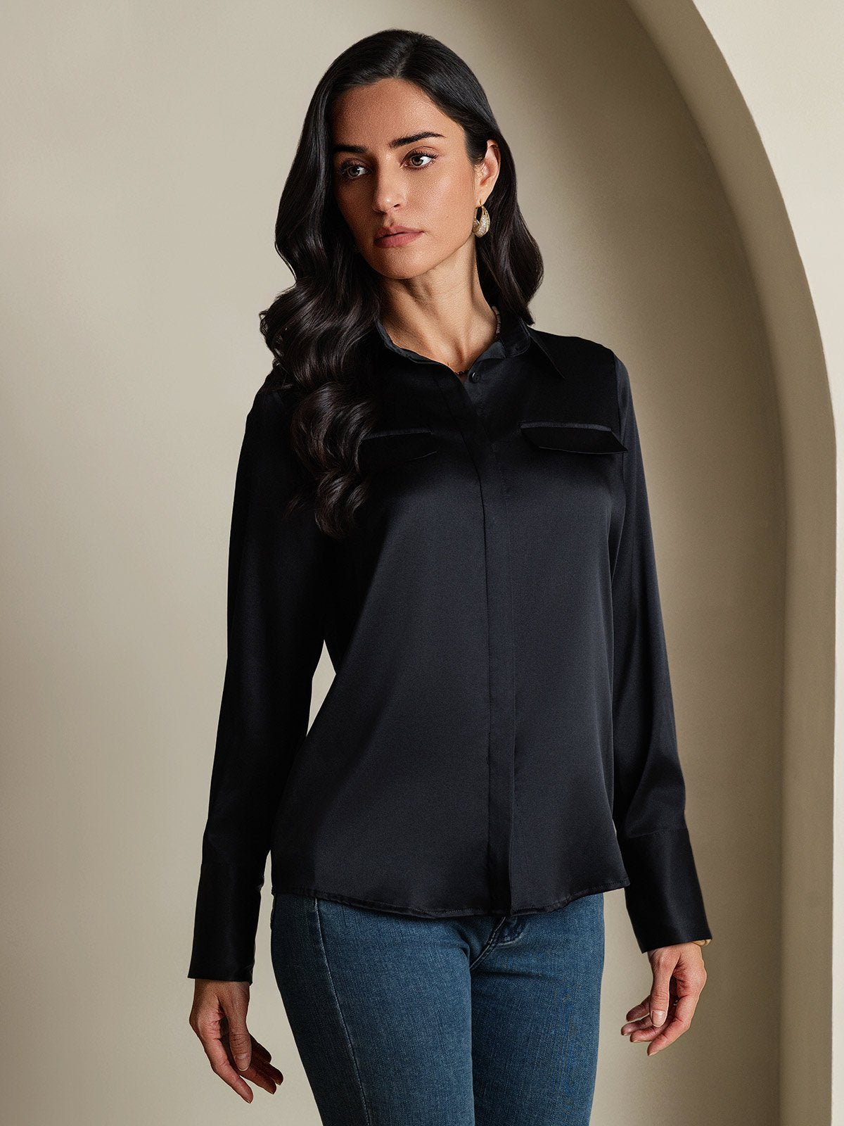 SilkSilky-CA 19Momme Silk Long Sleeve Collar Women's Shirt Black 006