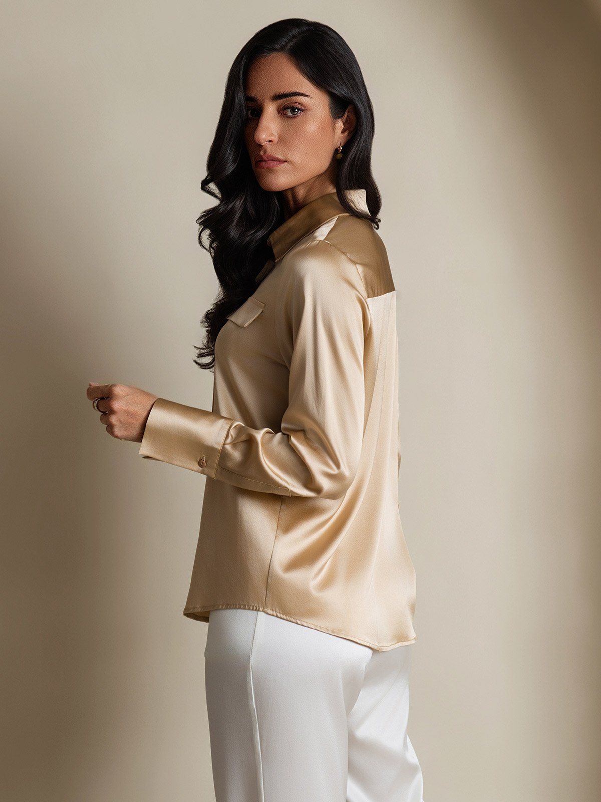 SilkSilky-CA 19Momme Silk Long Sleeve Collar Women's Shirt Champagne 002