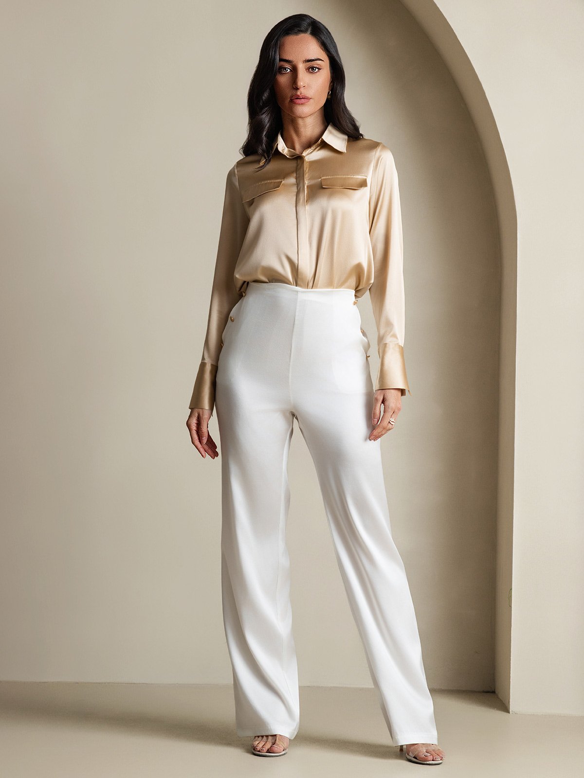 SilkSilky-CA 19Momme Silk Long Sleeve Collar Women's Shirt Champagne 007