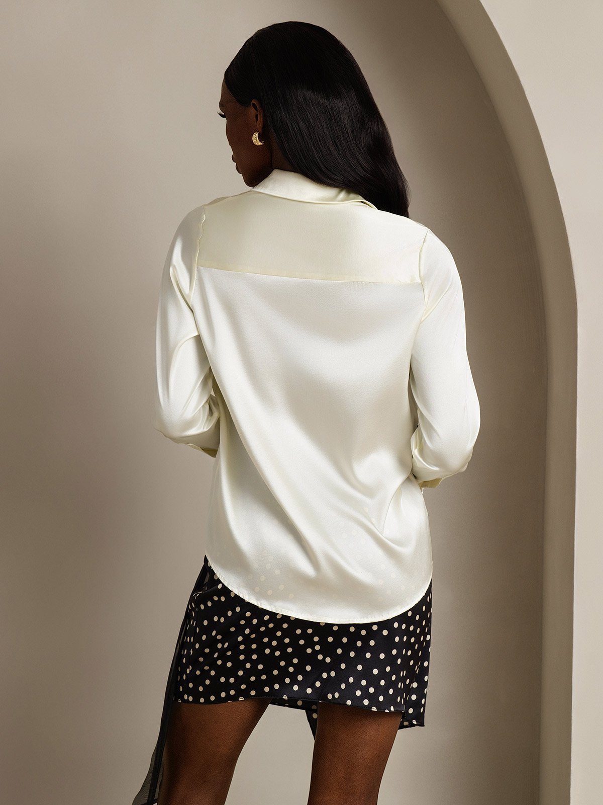 SilkSilky-CA 19Momme Silk Long Sleeve Collar Women's Shirt Ivory 002