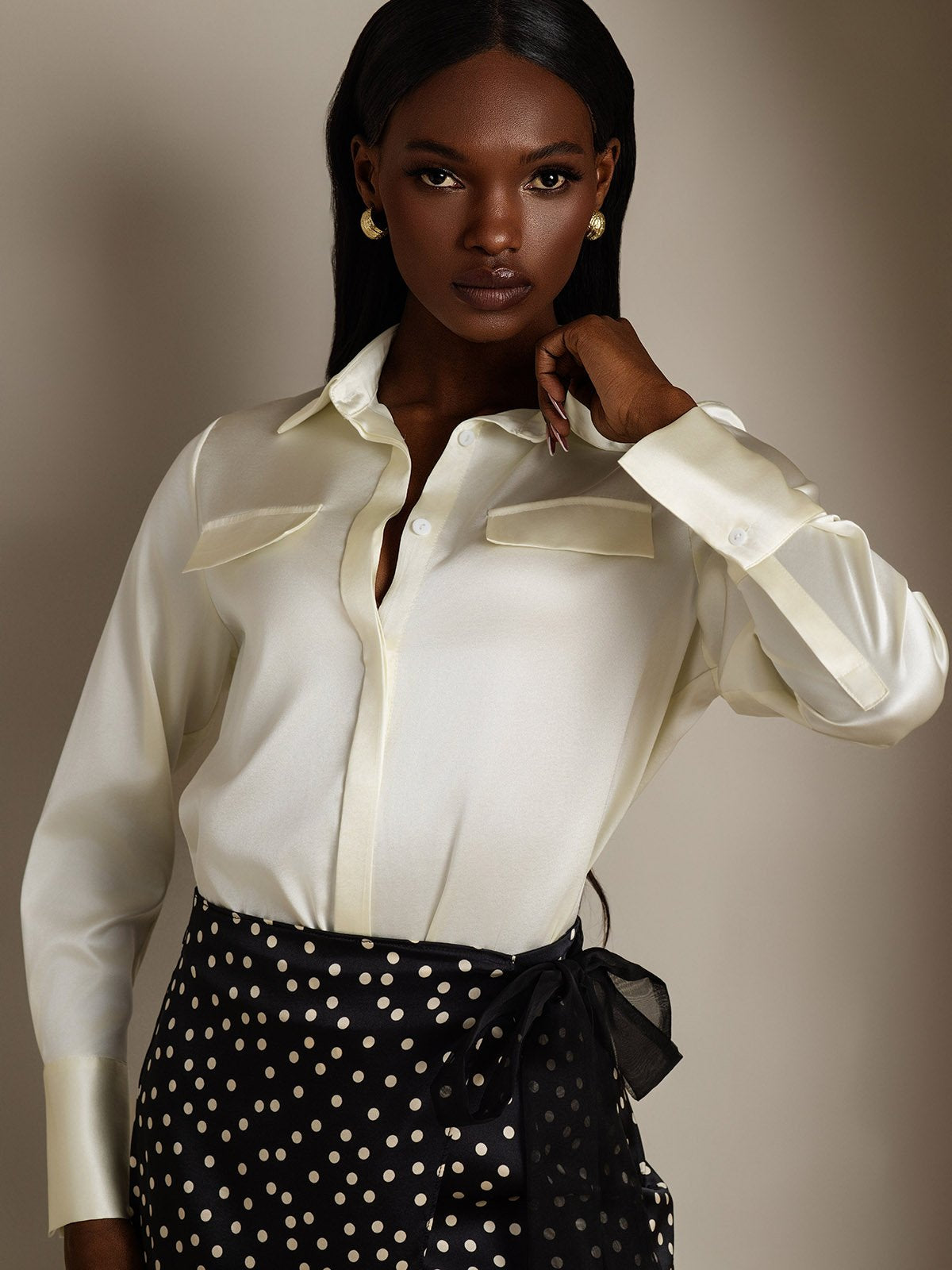 SilkSilky-CA 19Momme Silk Long Sleeve Collar Women's Shirt Ivory 003