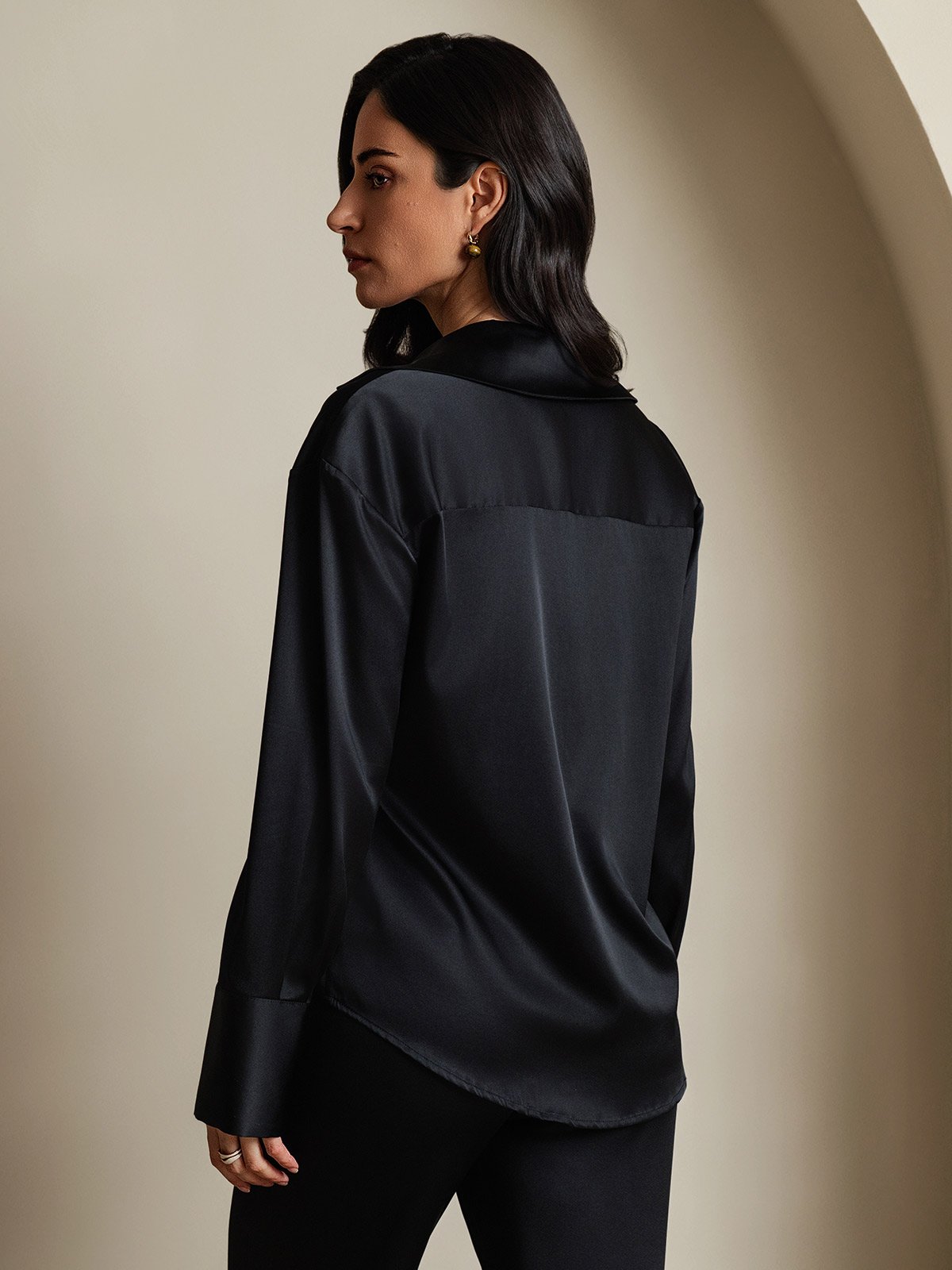 SilkSilky-CA 19Momme Silk Long Sleeve Lapel Women's Shirt Black 002