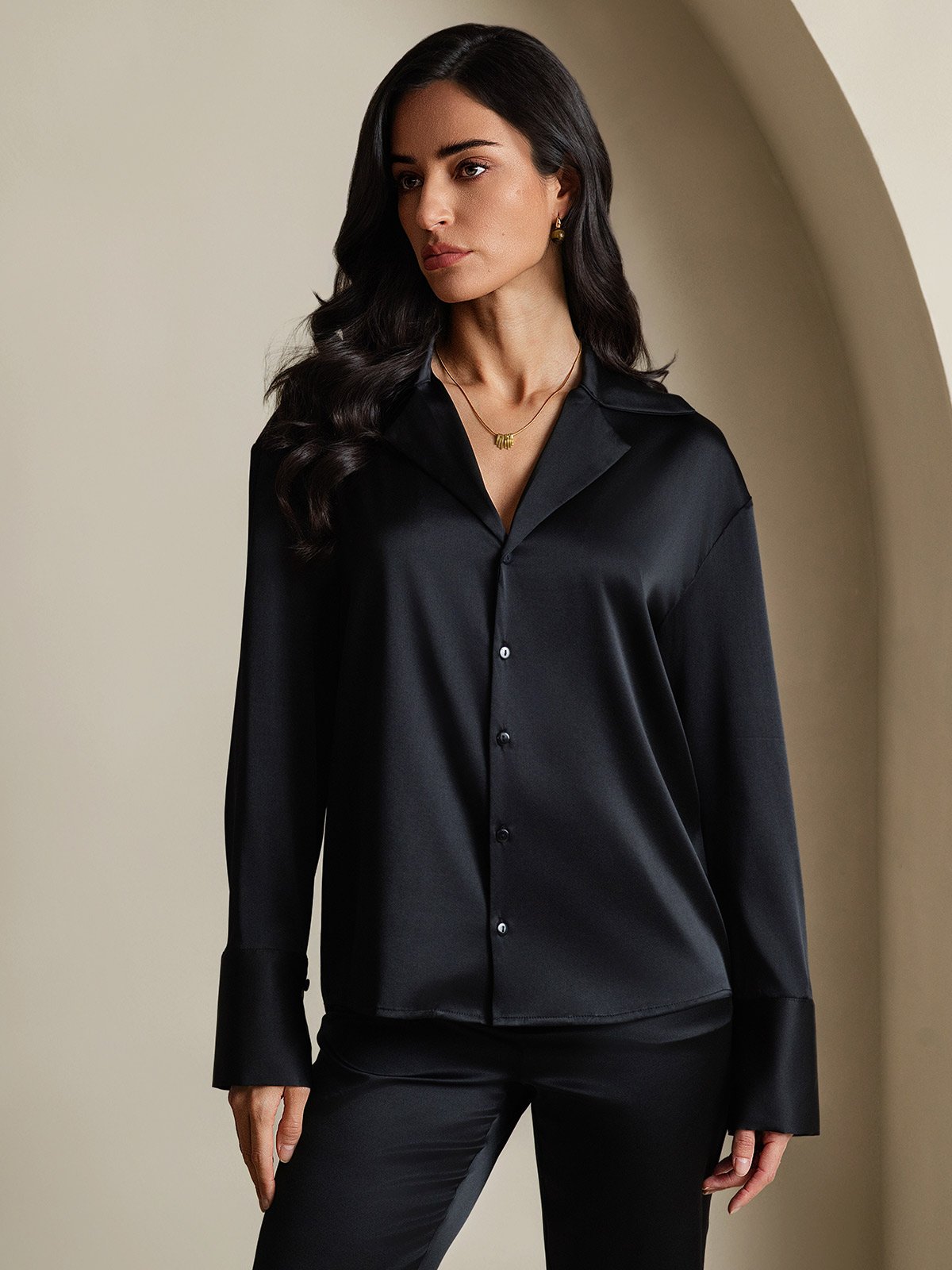 SilkSilky-CA 19Momme Silk Long Sleeve Lapel Women's Shirt Black 004