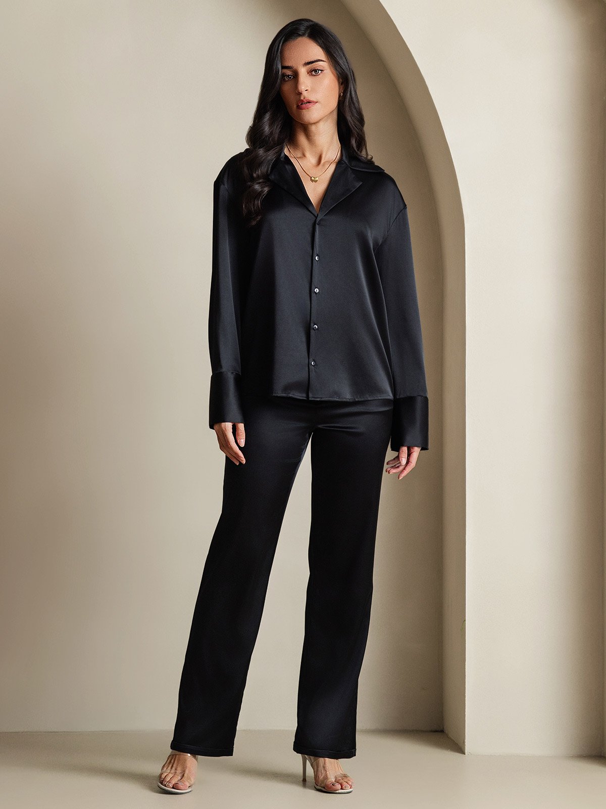 SilkSilky-CA 19Momme Silk Long Sleeve Lapel Women's Shirt Black 006