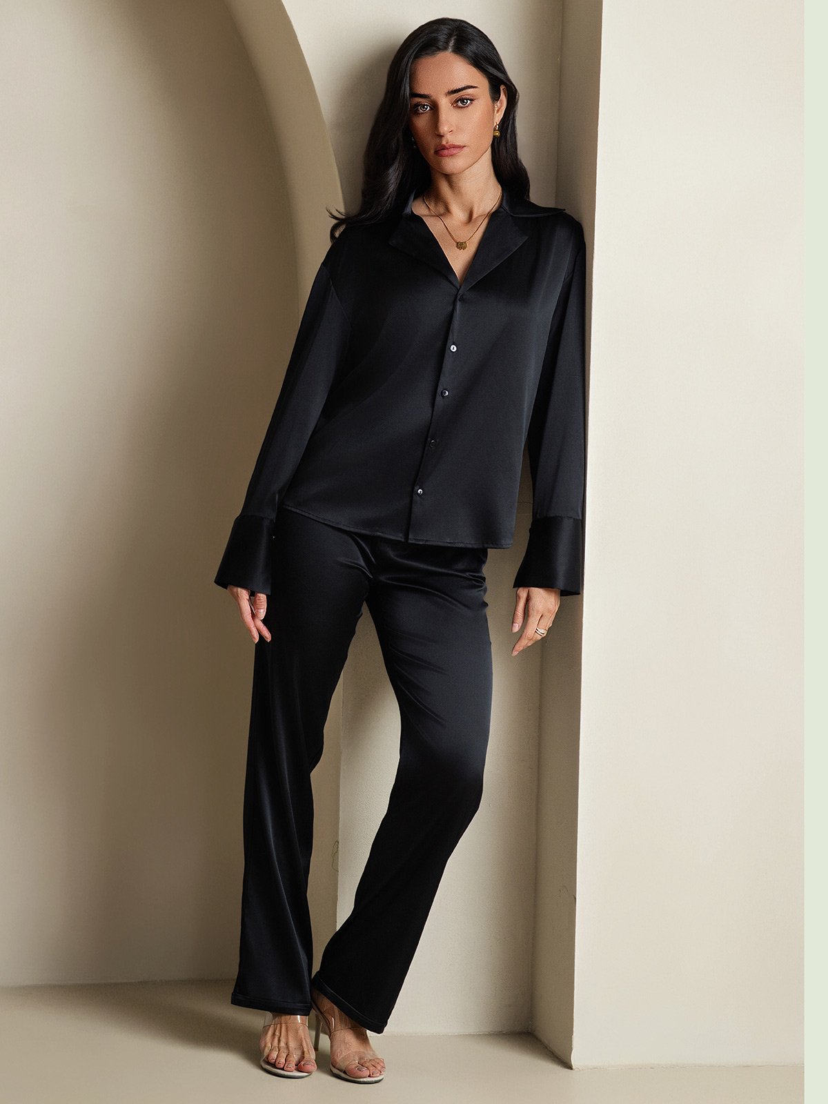 SilkSilky-CA 19Momme Silk Long Sleeve Lapel Women's Shirt Black 008