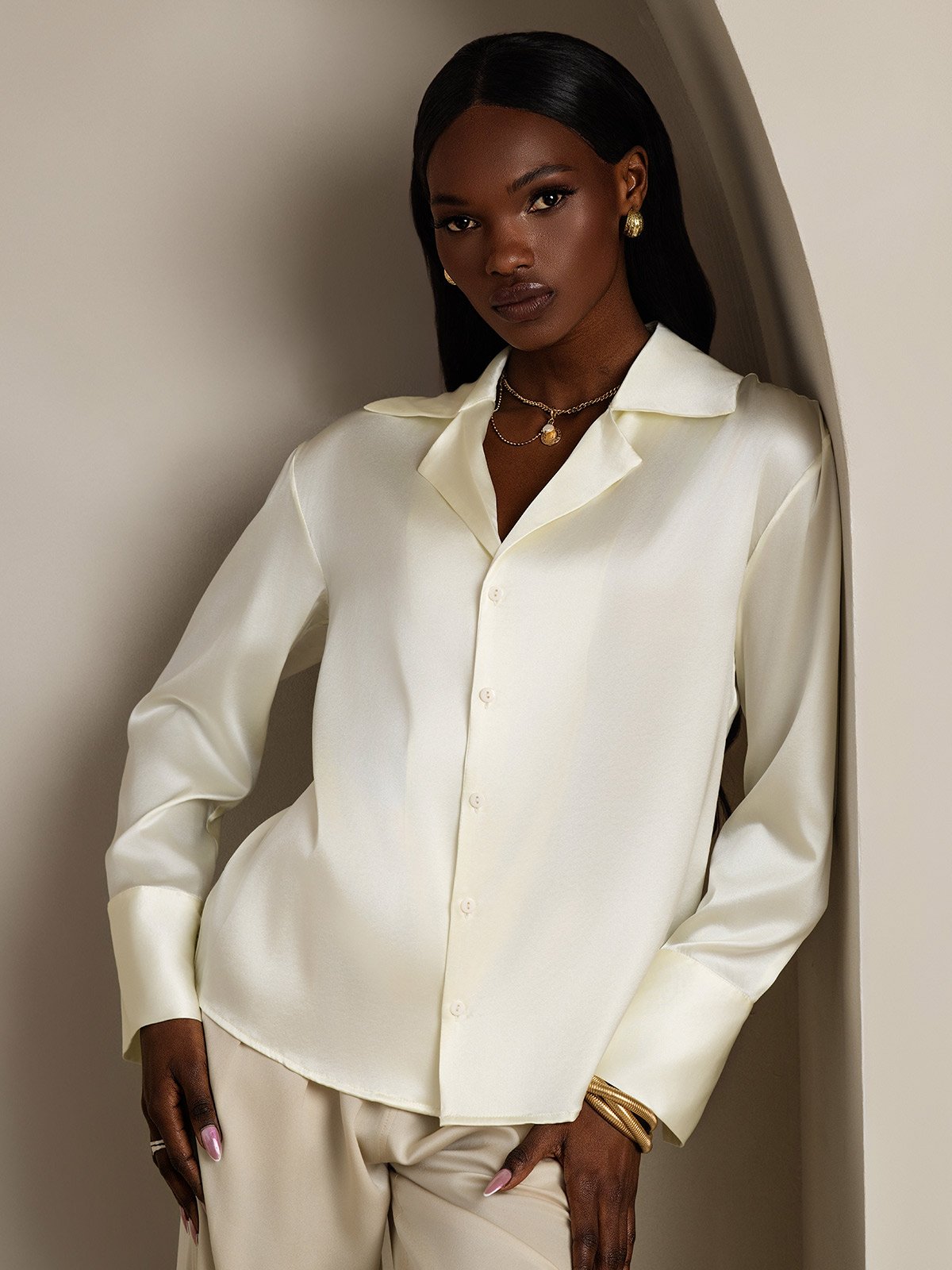 SilkSilky-CA 19Momme Silk Long Sleeve Lapel Women's Shirt Ivory 001