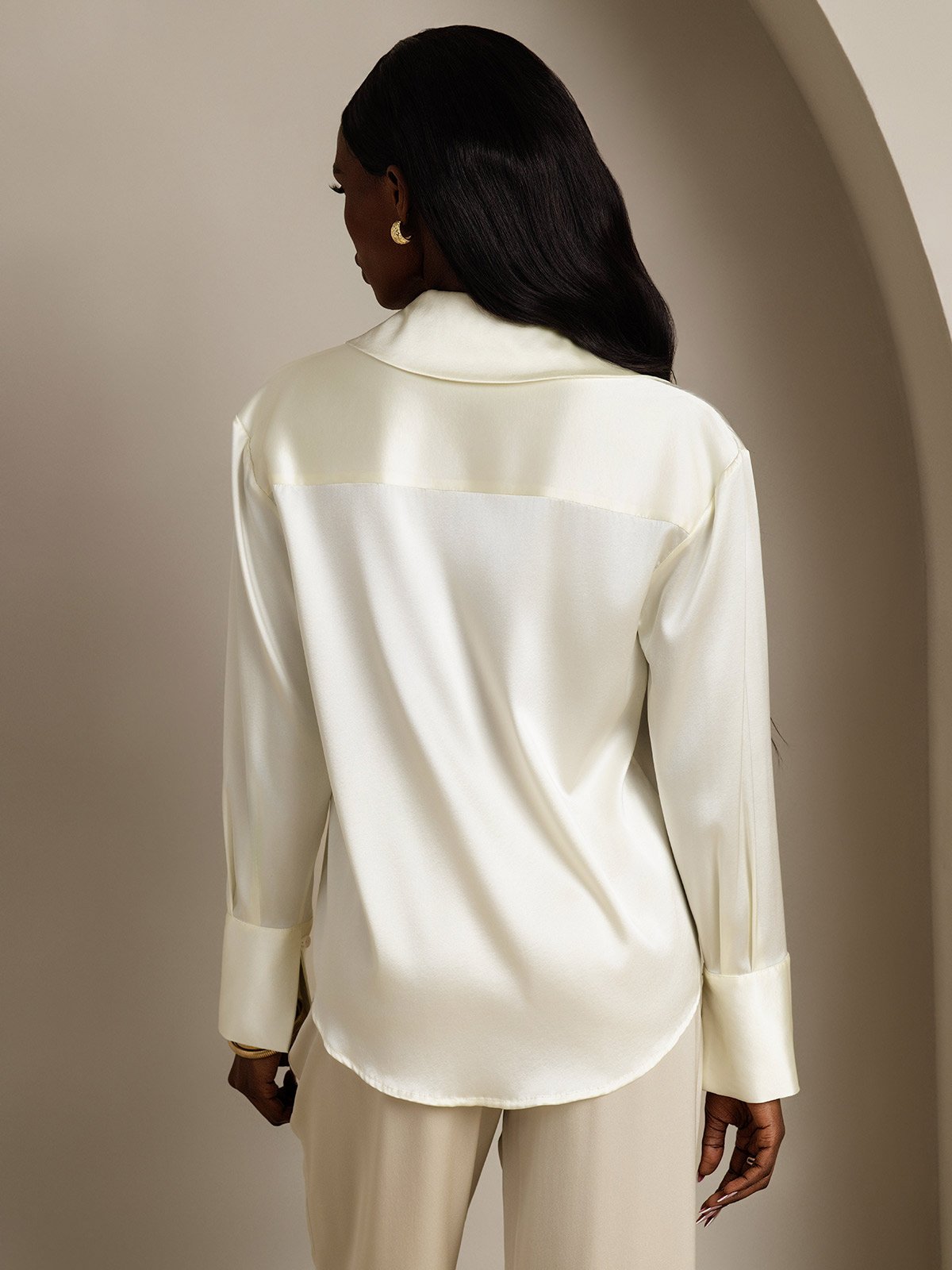 SilkSilky-CA 19Momme Silk Long Sleeve Lapel Women's Shirt Ivory 002