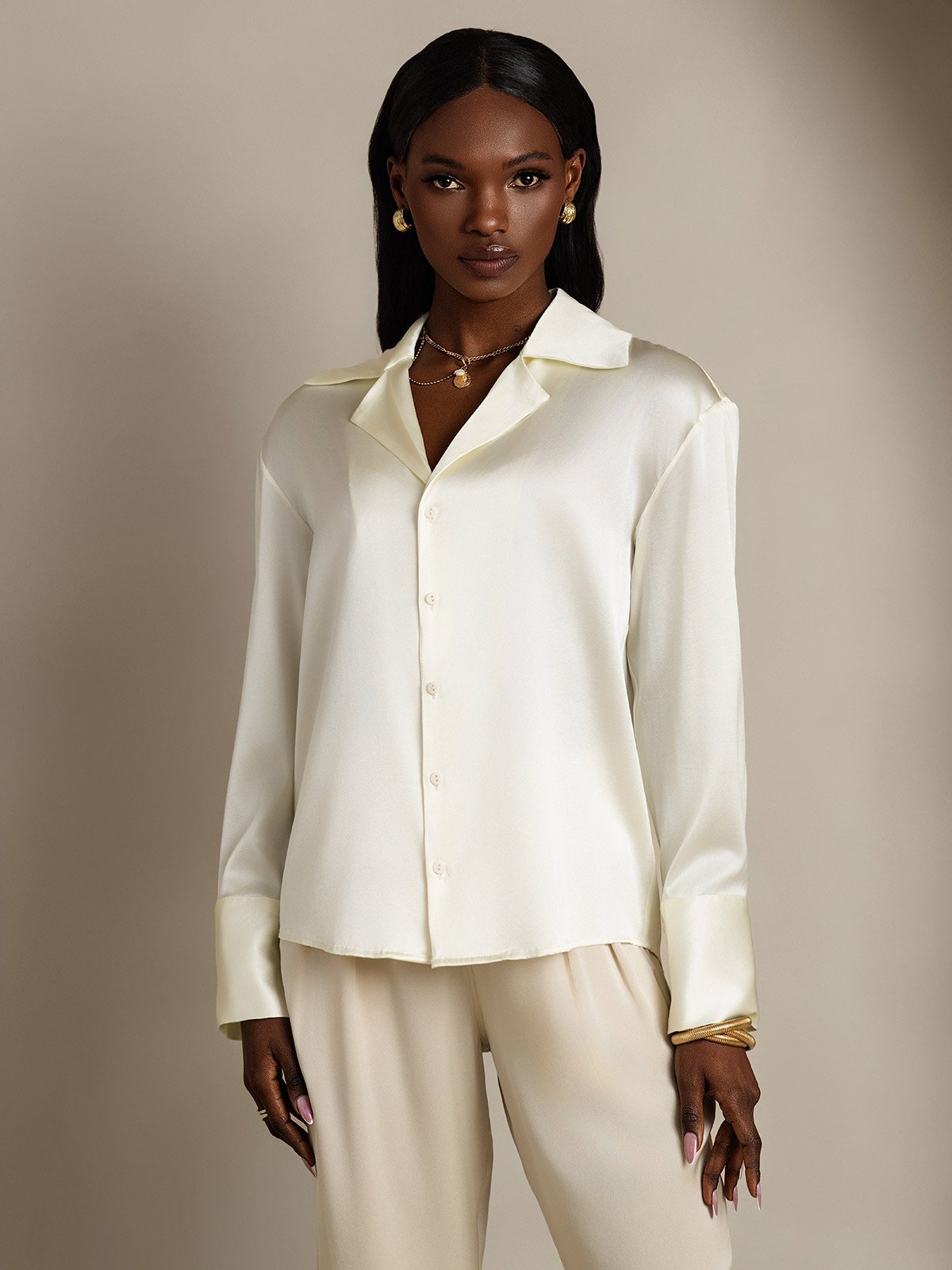 SilkSilky-CA 19Momme Silk Long Sleeve Lapel Women's Shirt Ivory 003