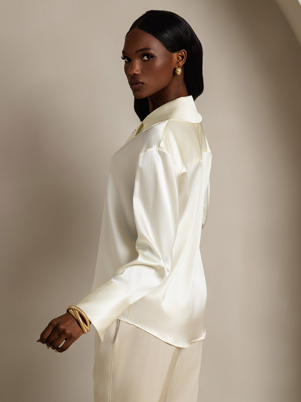 SilkSilky-CA 19Momme Silk Long Sleeve Lapel Women's Shirt Ivory 004