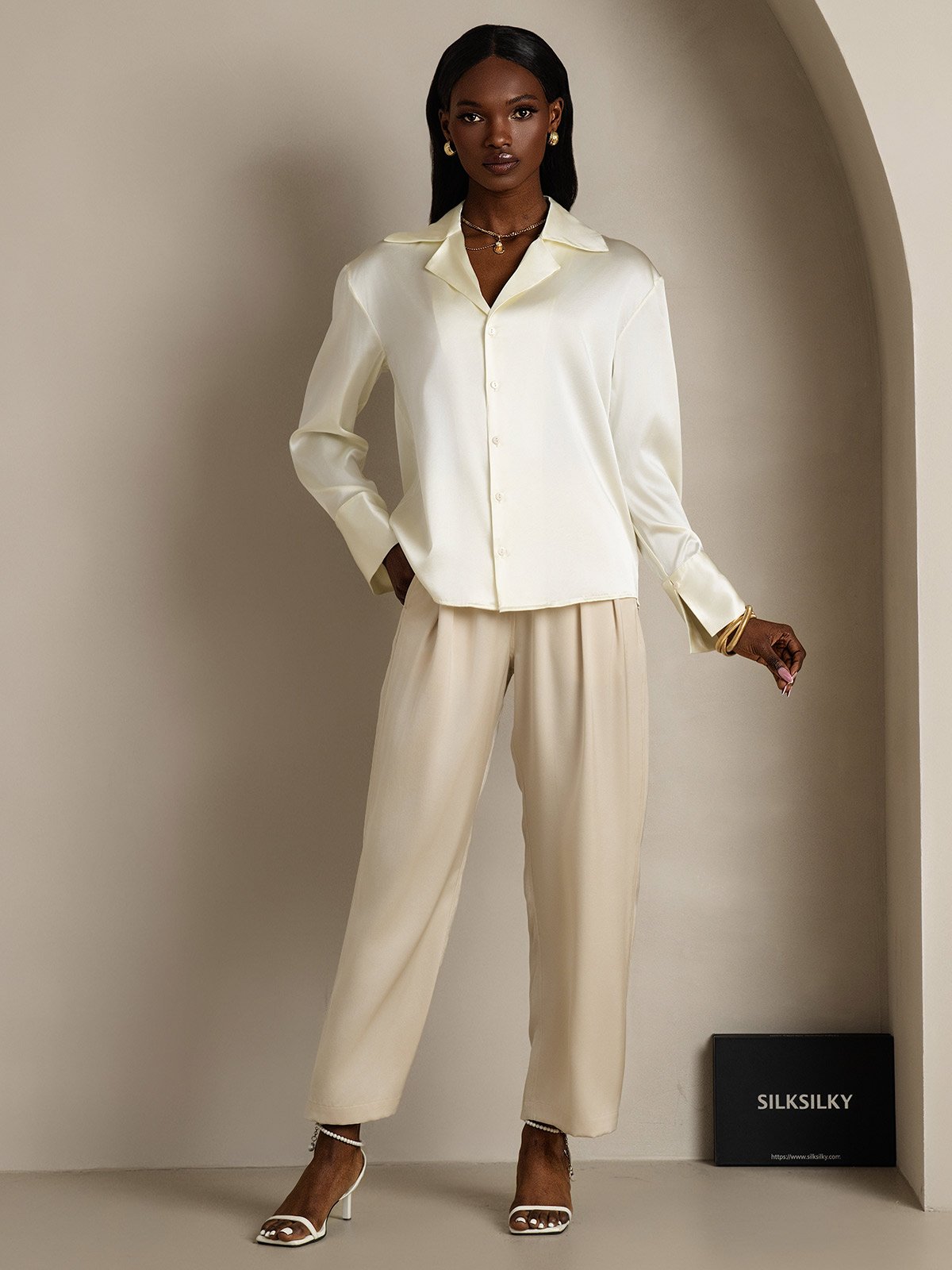 SilkSilky-CA 19Momme Silk Long Sleeve Lapel Women's Shirt Ivory 005