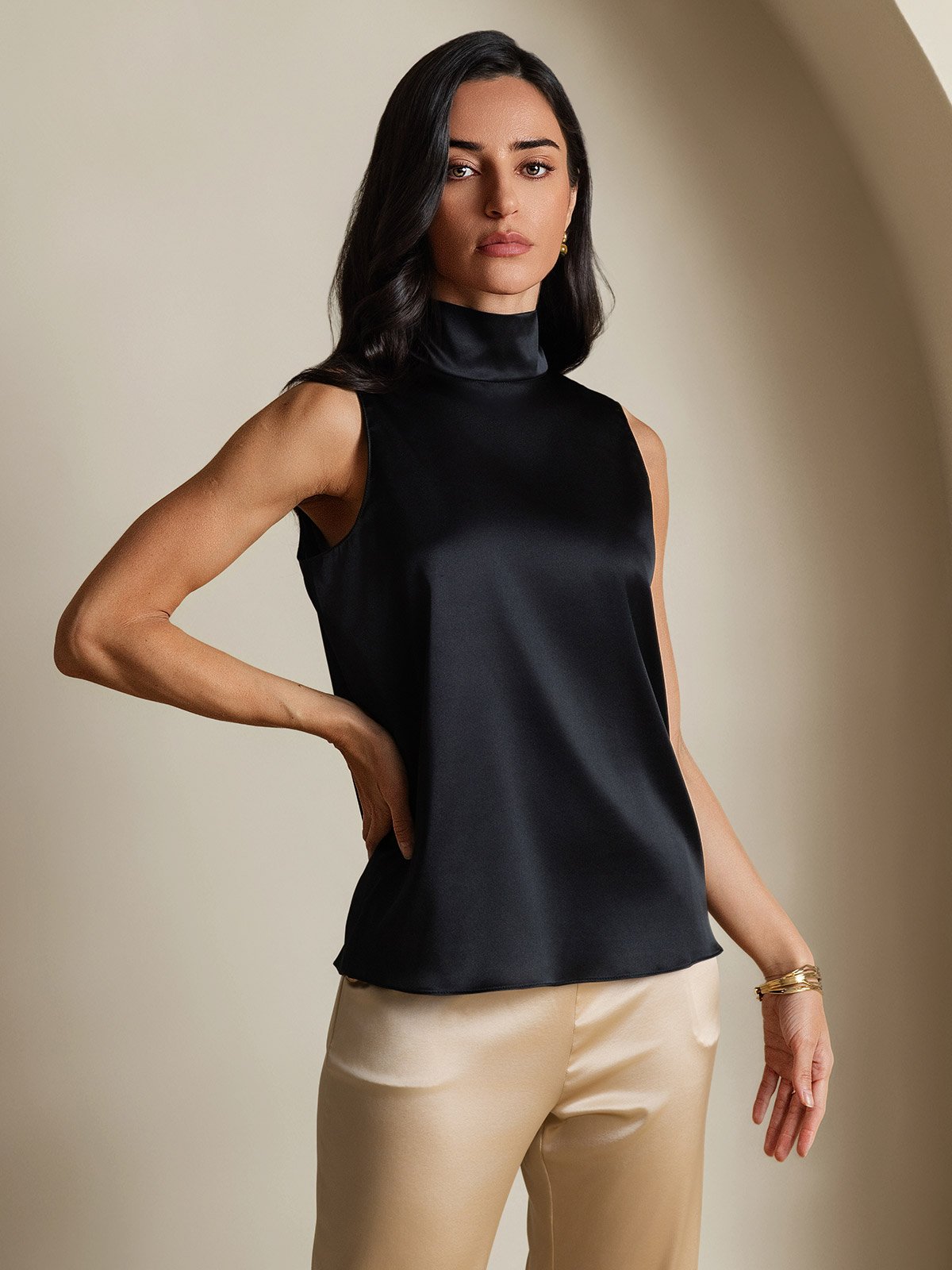 SilkSilky-CA 19Momme Silk Tie Neck Women's Shirt Black 006