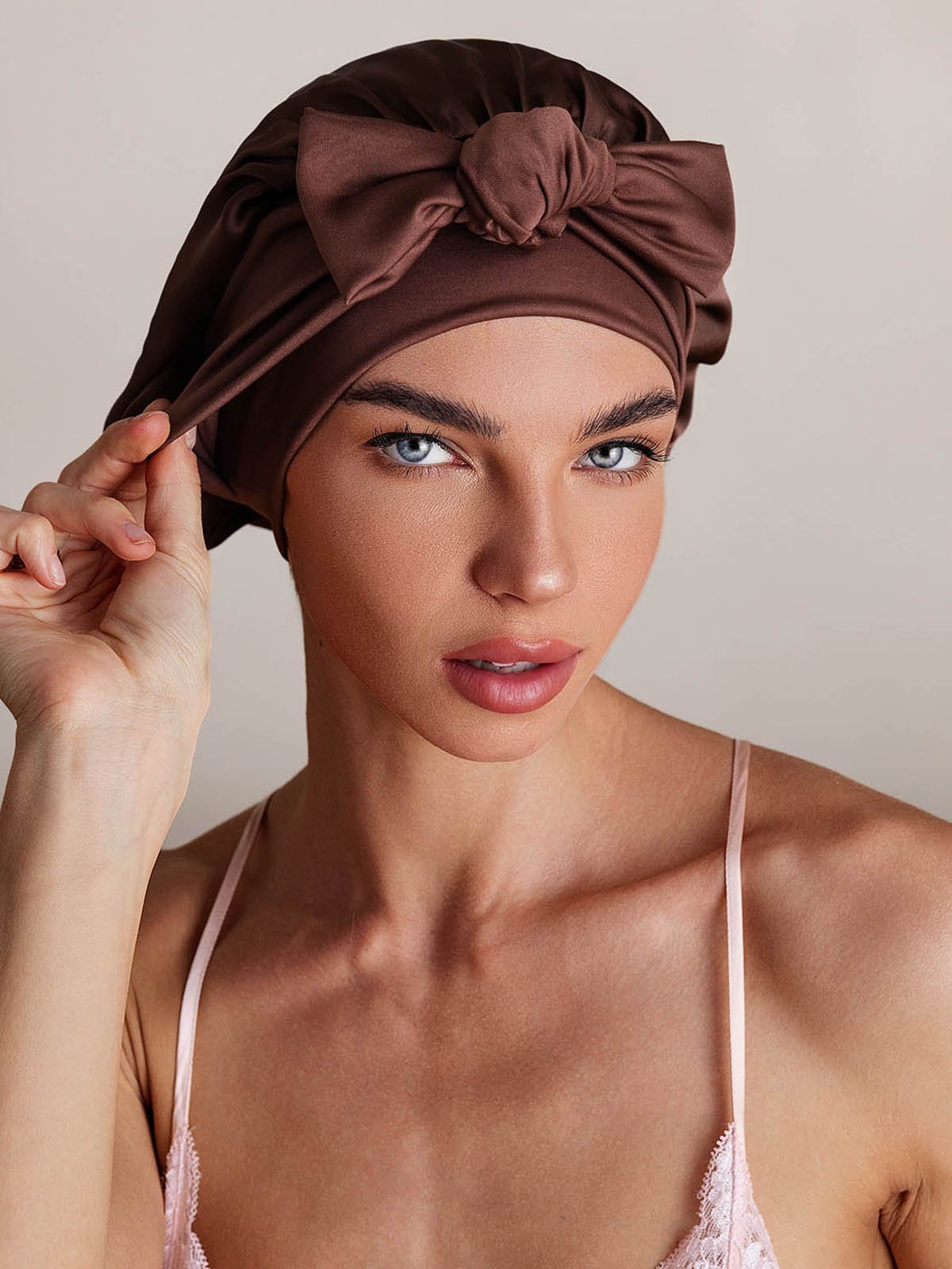 SilkSilky-CA Pure Silk Sleep Cap Coffee 001