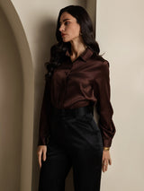 [Coffee] SilkSilky-CA Long Sleeve Lapel Collar Women's Shirt 006