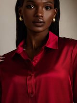 [Wine] SilkSilky-CA Long Sleeve Lapel Collar Women's Shirt 008