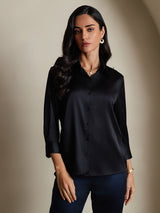 [Black] SilkSilky-CA 19Momme Stretch Silk Charmeuse 3/4 Sleeve Lapel Collar Women's Shirt 001