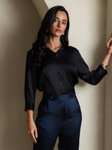 [Black] SilkSilky-CA 19Momme Stretch Silk Charmeuse 3/4 Sleeve Lapel Collar Women's Shirt 003