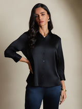 [Black] SilkSilky-CA 19Momme Stretch Silk Charmeuse 3/4 Sleeve Lapel Collar Women's Shirt 004