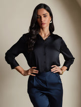 [Black] SilkSilky-CA 19Momme Stretch Silk Charmeuse 3/4 Sleeve Lapel Collar Women's Shirt 005