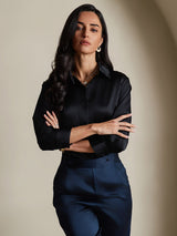 [Black] SilkSilky-CA 19Momme Stretch Silk Charmeuse 3/4 Sleeve Lapel Collar Women's Shirt 006