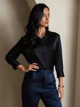 [Black] SilkSilky-CA 19Momme Stretch Silk Charmeuse 3/4 Sleeve Lapel Collar Women's Shirt 007