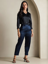 [Black] SilkSilky-CA 19Momme Stretch Silk Charmeuse 3/4 Sleeve Lapel Collar Women's Shirt 008