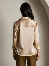 [Champagne] SilkSilky-CA 19Momme Stretch Silk Charmeuse 3/4 Sleeve Lapel Collar Women's Shirt 002