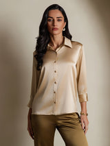 [Champagne] SilkSilky-CA 19Momme Stretch Silk Charmeuse 3/4 Sleeve Lapel Collar Women's Shirt 003