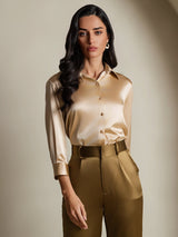 [Champagne] SilkSilky-CA 19Momme Stretch Silk Charmeuse 3/4 Sleeve Lapel Collar Women's Shirt 004