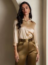[Champagne] SilkSilky-CA 19Momme Stretch Silk Charmeuse 3/4 Sleeve Lapel Collar Women's Shirt 005