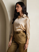 [Champagne] SilkSilky-CA 19Momme Stretch Silk Charmeuse 3/4 Sleeve Lapel Collar Women's Shirt 006