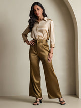 [Champagne] SilkSilky-CA 19Momme Stretch Silk Charmeuse 3/4 Sleeve Lapel Collar Women's Shirt 007
