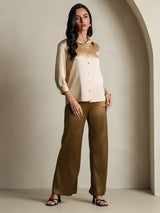 [Champagne] SilkSilky-CA 19Momme Stretch Silk Charmeuse 3/4 Sleeve Lapel Collar Women's Shirt 008