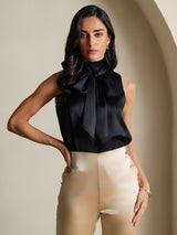 [Black] SilkSilky-CA 19Momme Stretch Silk Charmeuse Sleeveless High Neck Blouse 003