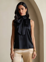 [Black] SilkSilky-CA 19Momme Stretch Silk Charmeuse Sleeveless High Neck Blouse 005