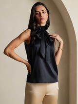 [Black] SilkSilky-CA 19Momme Stretch Silk Charmeuse Sleeveless High Neck Blouse 007