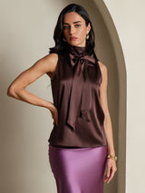 [Coffee] SilkSilky-CA 19Momme Stretch Silk Charmeuse Sleeveless High Neck Blouse 001