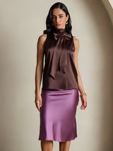 [Coffee] SilkSilky-CA 19Momme Stretch Silk Charmeuse Sleeveless High Neck Blouse 004