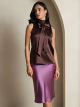 [Coffee] SilkSilky-CA 19Momme Stretch Silk Charmeuse Sleeveless High Neck Blouse 005