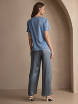 [Blue] SilkSilky-CA 100% Silk Jersey Short Sleeve Round Neck Women's T-Shirt 002
