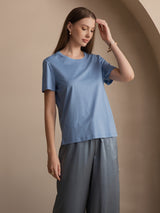 [Blue] SilkSilky-CA 100% Silk Jersey Short Sleeve Round Neck Women's T-Shirt 003